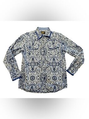 Limited Edition Mens Large Blue and White Paisley Print Pearl Snap Western Shirt